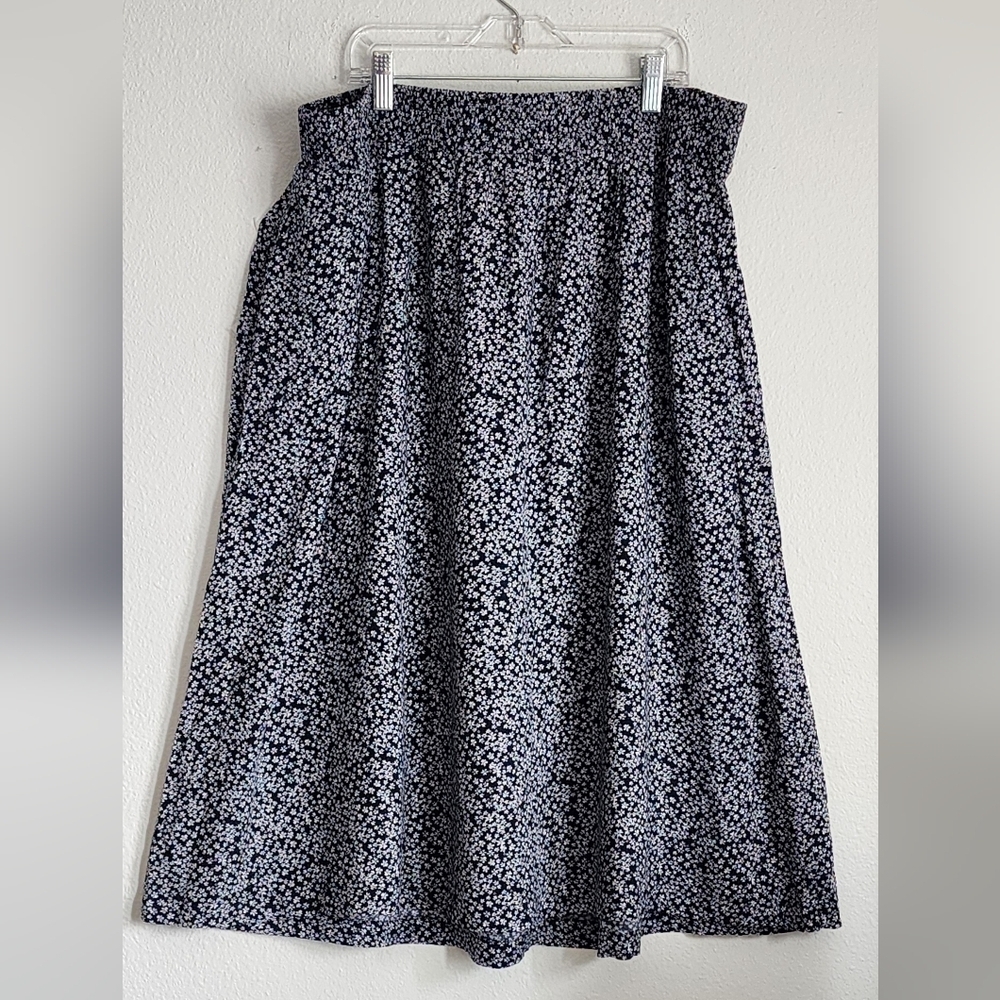 Croft & Borrow Women's Floral Print Pockets Elastic Waist Navy Midi Skirt Sz XL